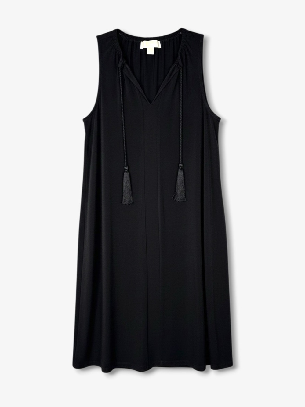 MICHAEL KORS Mini Shift Dress XS Black Tassel Tie Neck Sleeveless Stretch